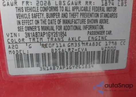 2016 Nissan Sentra Fe+ S/S/Sl/Sr/Sv from USA, damaged, VIN 3N1AB7AP1GY261854